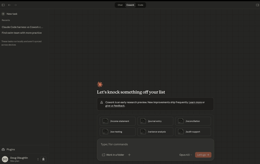 Claude Code Cowork desktop interface showing project folders, task management, and Opus 4.5 model selector