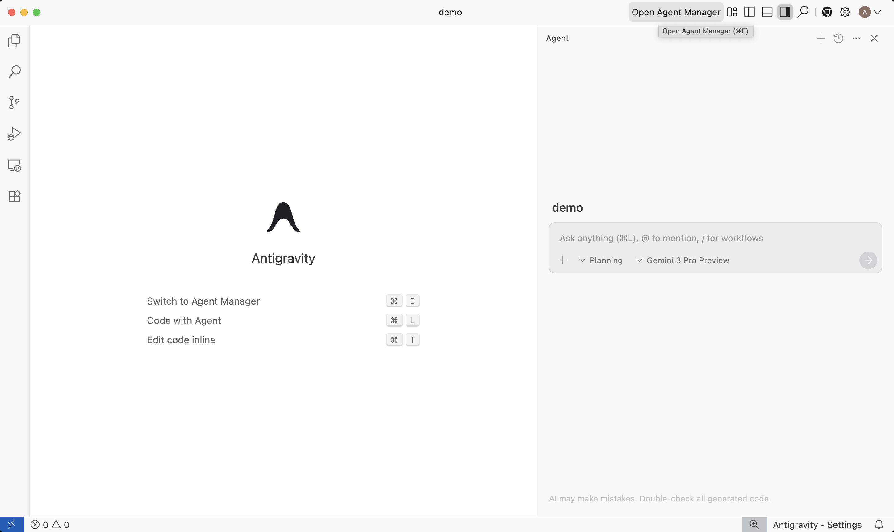 Google Antigravity IDE showing the Editor view with Agent Manager panel open