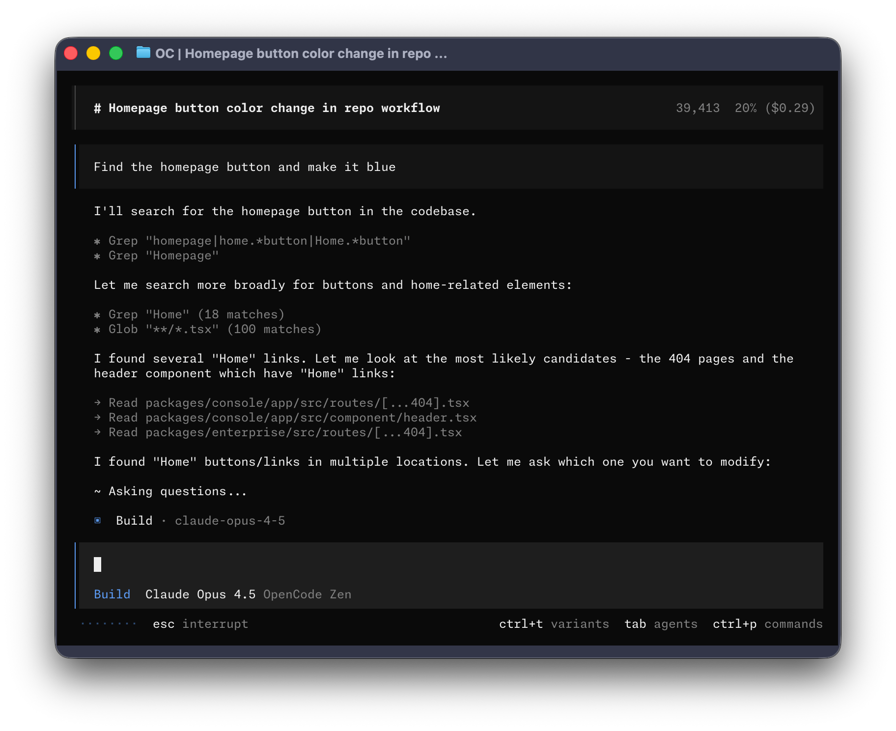 OpenCode terminal interface showing an AI coding agent working on a codebase with Claude Opus 4.5